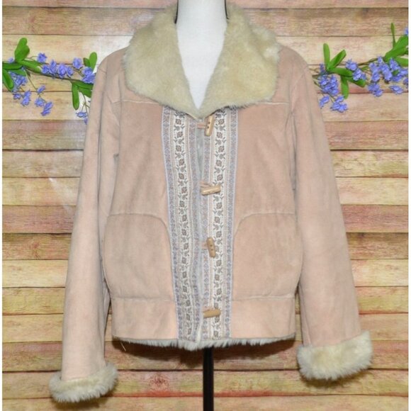 Coldwater Creek Faux Suede Faux Fur Lined Jacket Winter Coat M Toggle Buttons - Picture 1 of 10